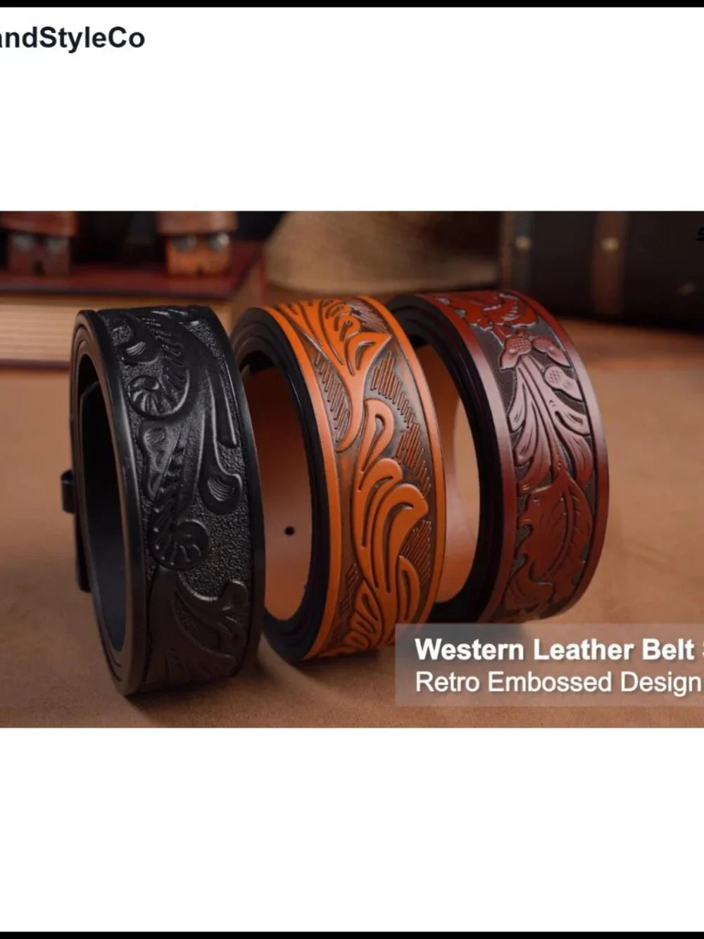 3 Pack Western Leather Belts Without Buckle, Floral Embossed Cowboy Belt Strap
